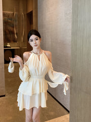 BXOXO [Elegant Off-Shoulder Dress] Elegant Off-Shoulder Ruffle Dress - Semi-Sheer, High Waist, Pleated Skirt, Polyester - Spring/Fall Fashion, Princess Sleeve