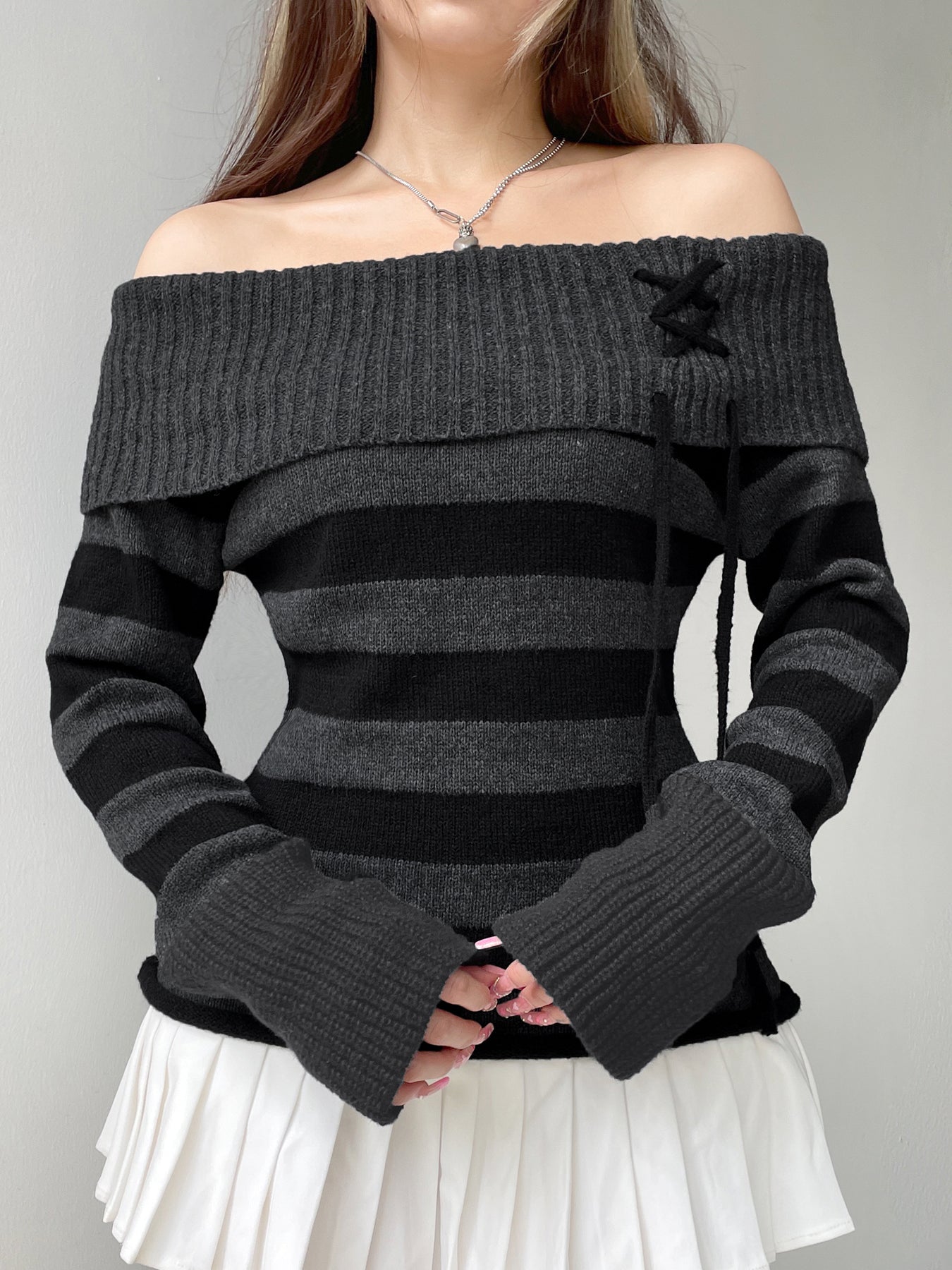 BXOXO - summer inspo Off Shoulder Slim Knitted Stripe Jumper Women Lace-Up Slash Neck Long Sleeve Sweater Tee Korean Fashion Street Knittwear