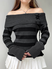 BXOXO - summer inspo Off Shoulder Slim Knitted Stripe Jumper Women Lace-Up Slash Neck Long Sleeve Sweater Tee Korean Fashion Street Knittwear