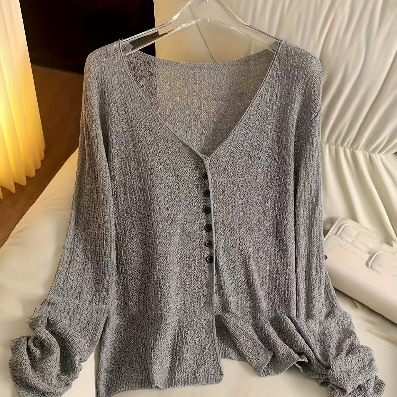 BXOXO Chic Lightweight V-Neck Knit Cardigan - Sheer Summer Shawl with Long Sleeves, Polyester Blend, Perfect for Spring/Summer/Fall, Women’s Casual & Sexy Style, Spring Outerwear | Elegant Open Front | Glossy Knit Fabric