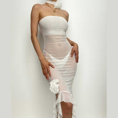 Solid Slit Sheer Mesh See Through Flower Applique Mini Dress