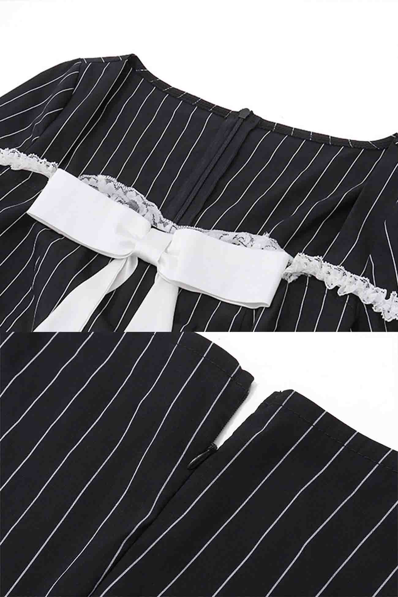 BXOXO - Square Neck Bow Tie Striped Long Sleeve Mini Dress