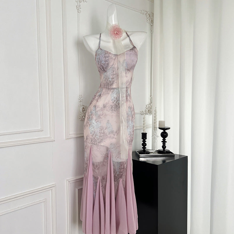 BXOXO - summer inspo French Chic Design Sling Backless Waist Slim-fit Dress Summer New Fishtail Long Dress Banquet Evening Dress