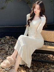 BXOXO party look inspos Autumn Knitted Shirring Mermaid Dress French Elegant High Waist Slim Party Prom Casual Midi Dresses Solid Female Clothes  New