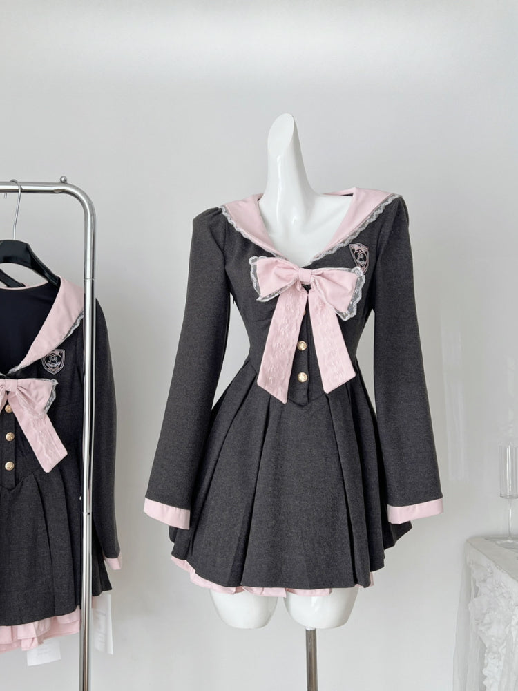 BXOXO Women College Preppy Mini Sailor Collar Dress Korean Shoujo Girl Frock Long Sleeve One-Piece 2000s Sweet Japanese Y2k Bow JK New