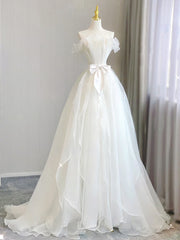 BXOXO A-Line Organza White Long Prom Dress, White Long Formal Dress