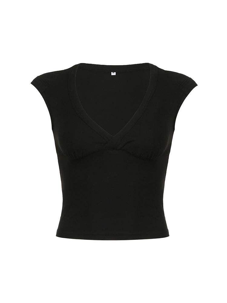BXOXO - summer inspo Sweetown White Solid Basic Slim Low Bust V Neck Crop Tees Women Black Simple Fashion Short Sleeve Summer T Shirt