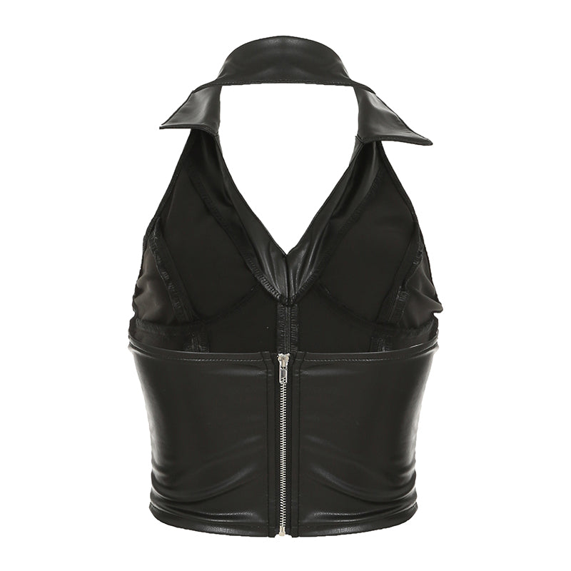BXOXO - summer inspo Hot Sexy Gyaru Slim Fit Leather Short Tops Women Halter Up Turn Down Collar Fashion Trendy Backless Design Tanks