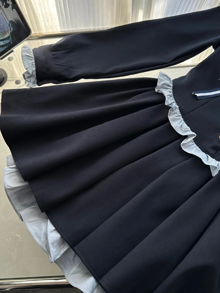 BXOXO Spring Japanes Kawaii College Style Splicing Short Dress Woman Sweet Bow Peter Pan Collar Dress Female Vintage 2000s Clothes Y2k