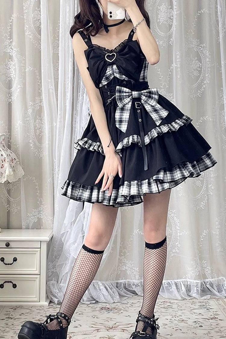BXOXO - Black/White Plaid Print Color Contrast Leather Buckle Bowknot Ruffle Gothic Lolita JSK Dress