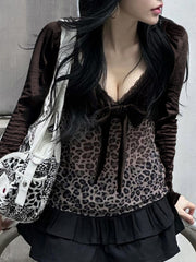 BXOXO - summer inspo Y2k Retro Leopard Lace Trim V-Neck Blouses Women Velvet Long Sleeve Chic T-Shirt Trendy Clothes Autumn New