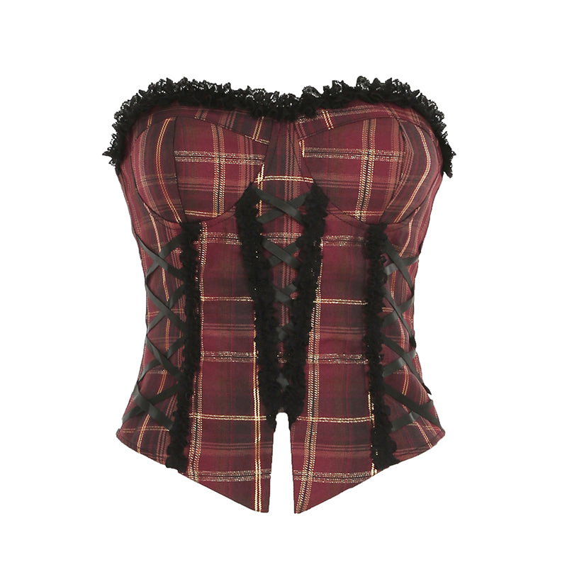 BXOXO - summer inspo Christmas Red Plaid Lace Trim Bandage Women’s Straps Tops Skinny Hotsweet Festive Atmosphere Blouses Fashion Trendy