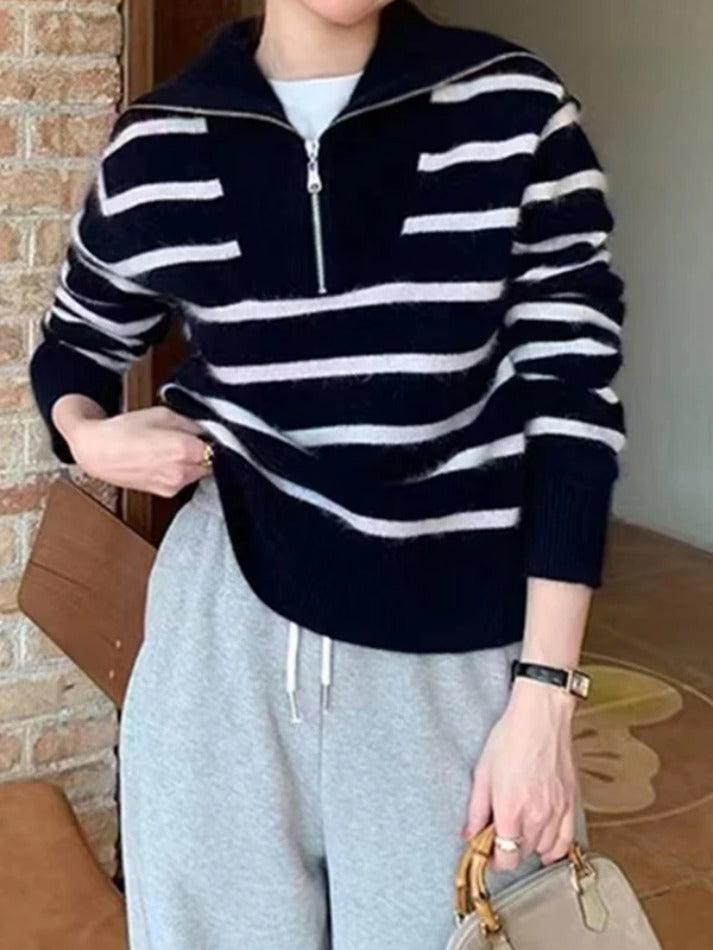 Stripe Splice Lapel Neck Half Zip Sweater