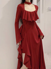 BXOXO party look inspos Spring Red Vintage Elegant Dress Women Flare Sleeve Designer Sweet Long Dress Female Ruffles Retro Princess Irregular Dress