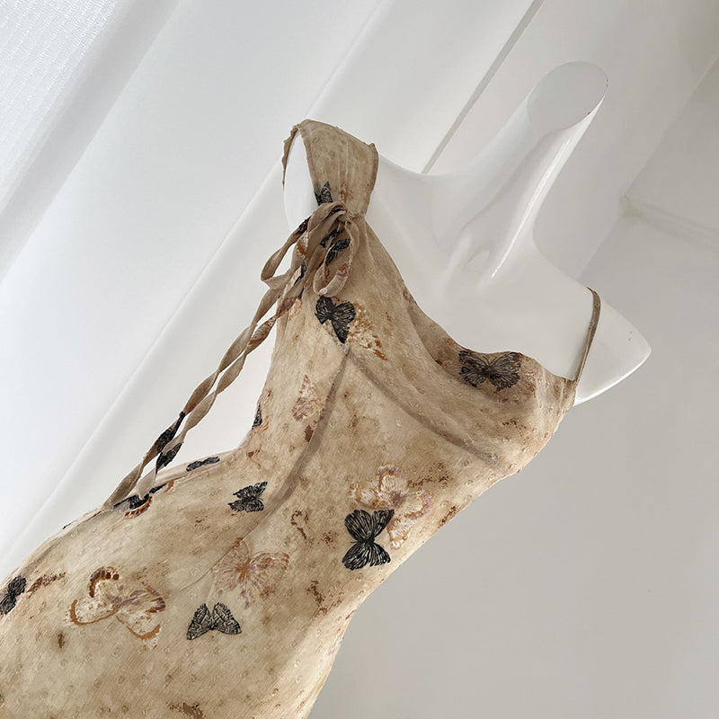 BXOXO - summer inspo Retro Butterfly Dress 2025 Women Summer New Sweet Spicy Chic Design Sense Print Slim Fit Suspender Dress
