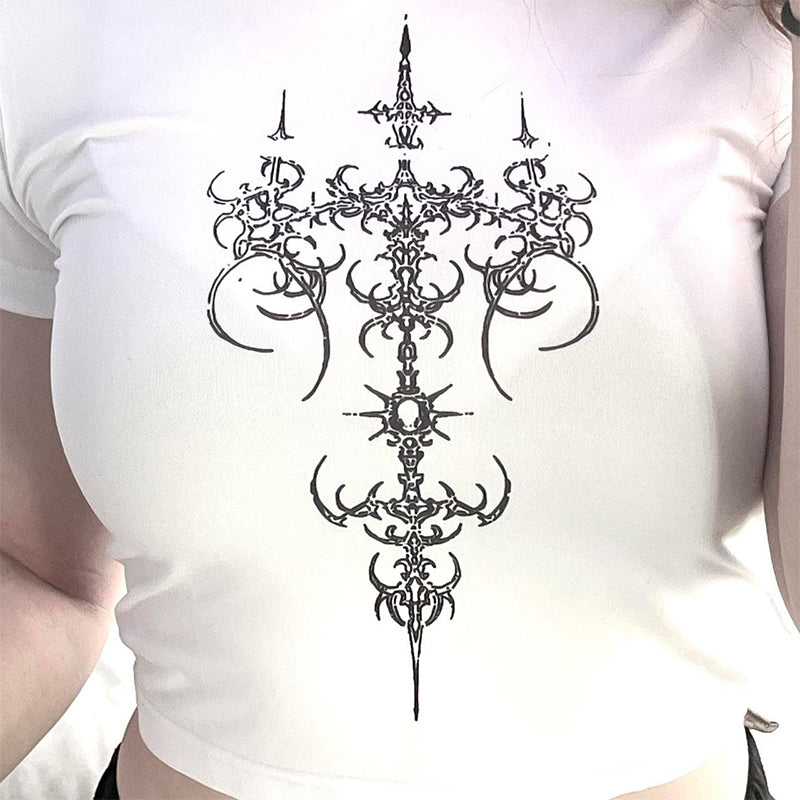 Bxoxo Gothic Punk Rock Y2K Emo Girl Grunge vintage Women's Crop Tops Sexy Slim Harajuku Chic Geometric Pattern Print O-Neck Baby Tops