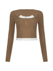 Vintage Contrast Fake Two Piece Cropped Long Sleeve Tee
