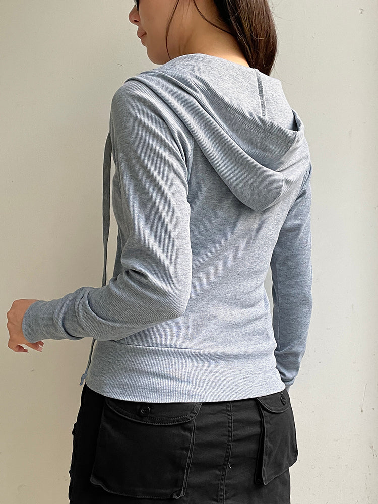 BXOXO - summer inspo Sweetown Gray Slim Zip Up Jackets Hoodies For Women Pockets Long Sleeve Ribbed Solid Simple Basic Casual Preppy Sweatshirts