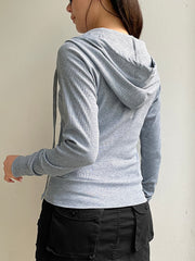 BXOXO - summer inspo Sweetown Gray Slim Zip Up Jackets Hoodies For Women Pockets Long Sleeve Ribbed Solid Simple Basic Casual Preppy Sweatshirts