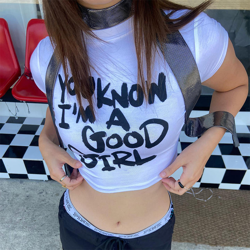 Bxoxo Y2K streetwear hip hop vintage rock gothic punk letter print white O-neck women's crop top sexy Harajuku chic aesthetic baby top