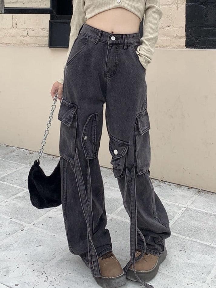 Vintage Wash High Rise Multi Pocket Cargo Jeans