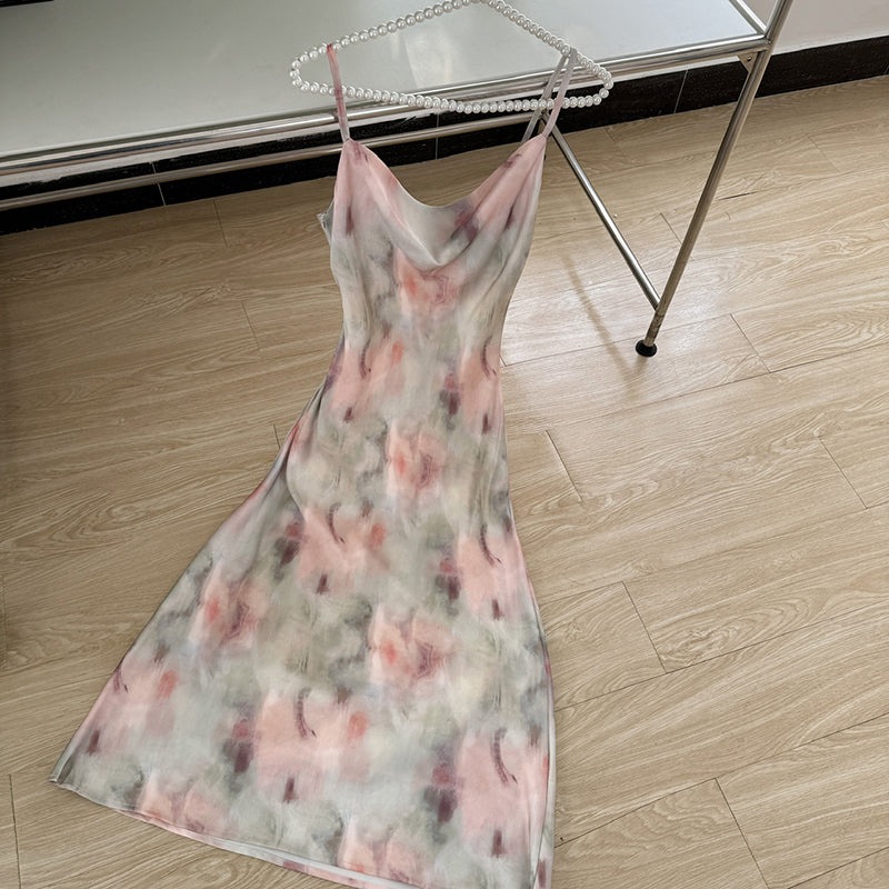 BXOXO - summer inspo 2025 Women Sexy Swinging Collar Flower Print Sling Dress French Slim Fit Backless Dresses Fashionable Casual Versatile