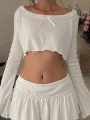 BXOXO - White Lace Trim Bow Long Sleeve Crop Top