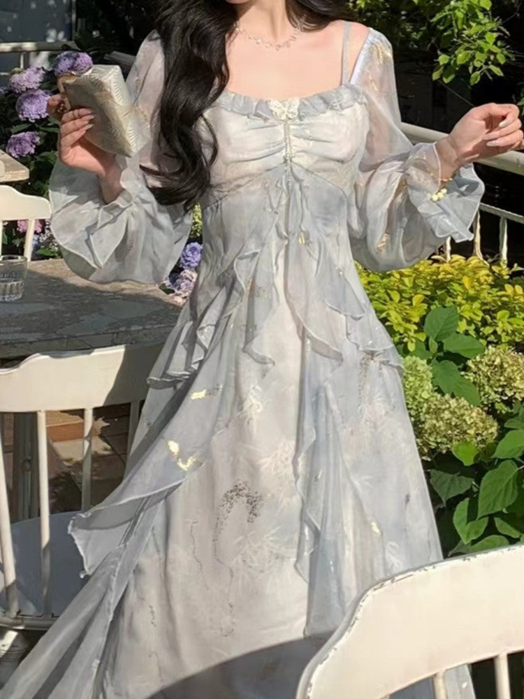 BXOXO party look inspos Autumn French Print Fairy Midi Dresses for Women Elegant Ruffles A-Line Birthday Party Dress Female One Piece Clothes Fashion