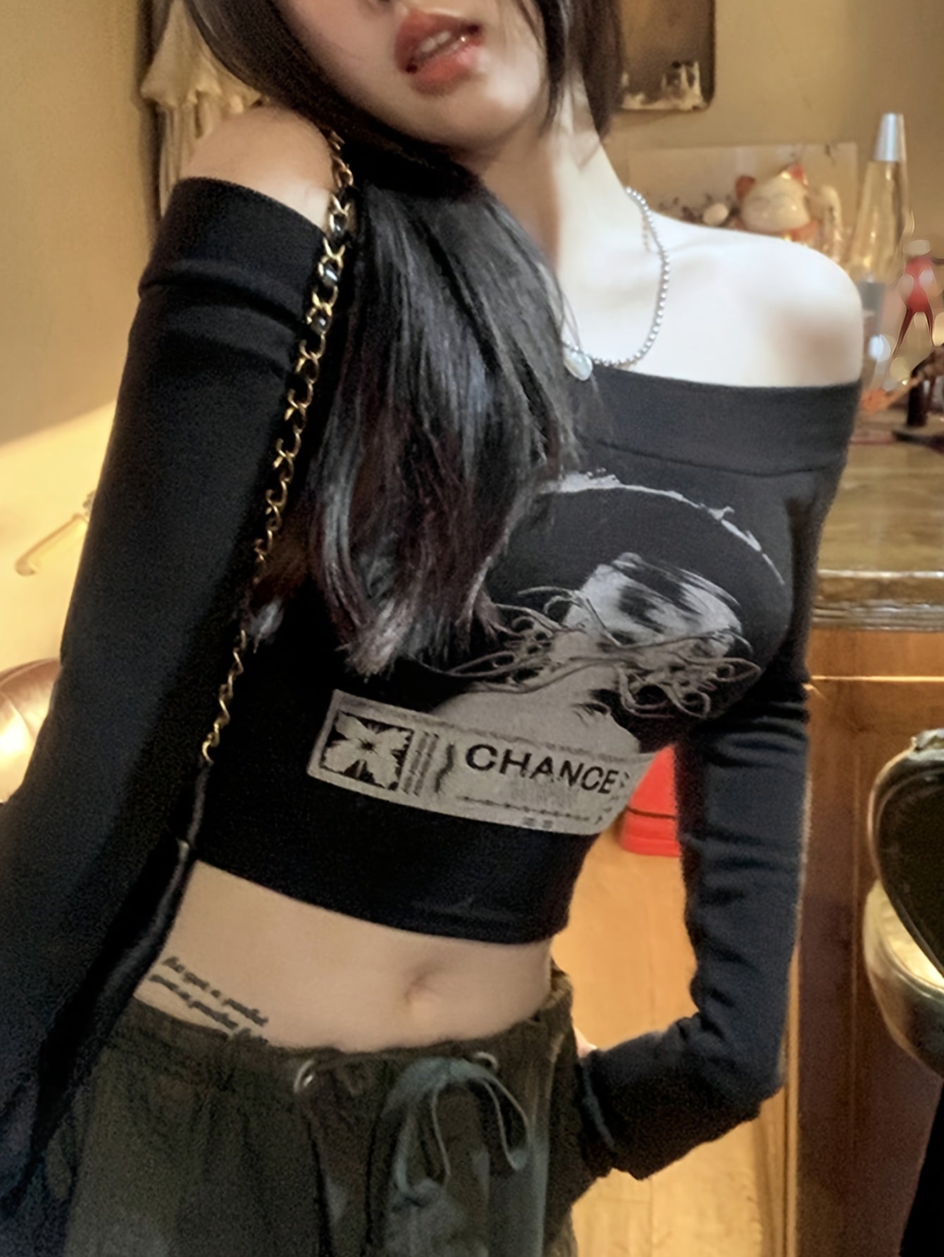 BXOXO Y2K Off Shoulder Long Sleeve Slim Crop Graphic Print T-shirt - Women's Clothing