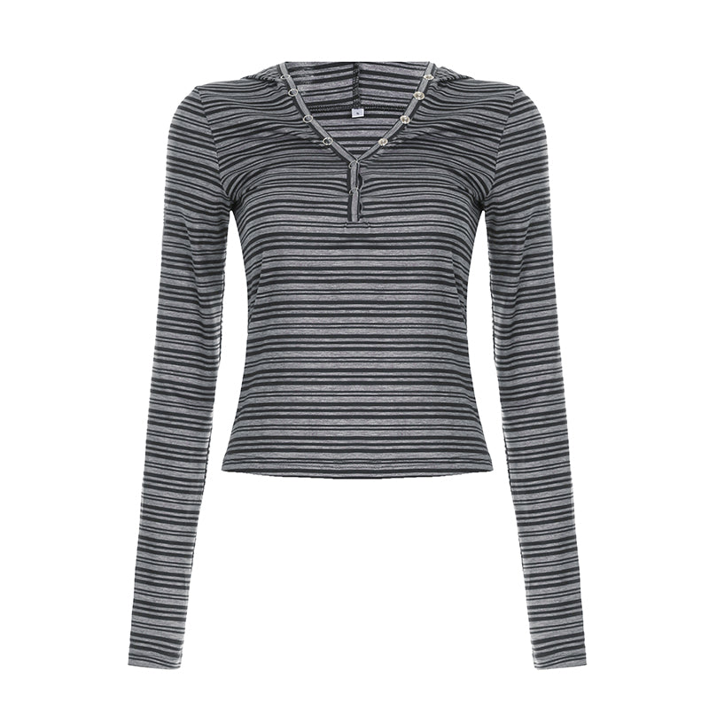 BXOXO - summer inspo Casual Striped Breasted Long Sleeve Hooded T-Shirts Women Design Slim Fit Simple Fashion Blouses