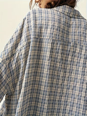 BXOXO Women's Loose Fit Retro Checkered Shirt - Elegant Casual Button-Up Blouse with Classic Collar, Blue & White Grid Pattern, Machine Washable All-Season Versatile Top, Nontransparent Fabric
