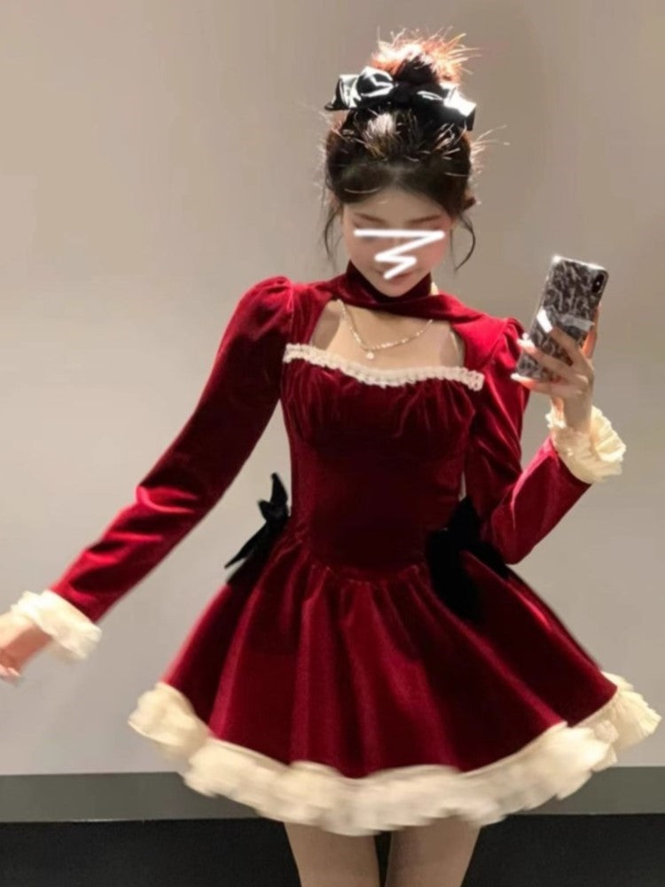 BXOXO party look inspos Vintage Christmas Sweet Velvet Princess Dresses for Women Autumn Elegant Lace Patchwork Birthday Party Vestidos Y2K Mini Dress
