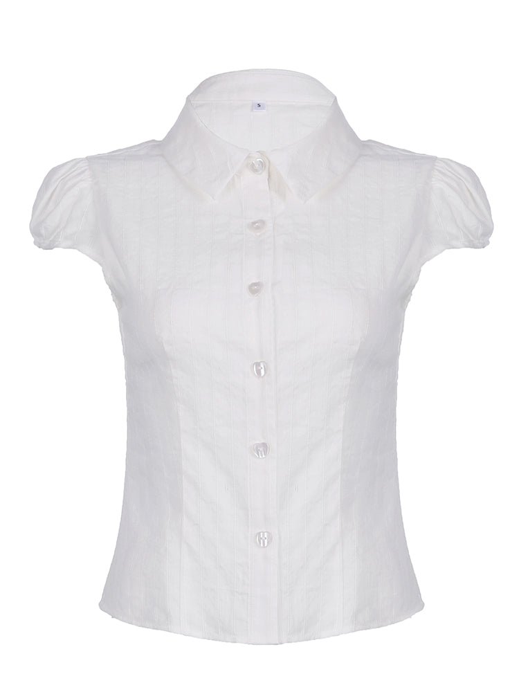 BXOXO - summer inspo Sweetown White Solid Single Breasted Turn Down Collar Casual Shirts Women Simple Puff Sleeve Japanese Y2K Preppy Summer Tops