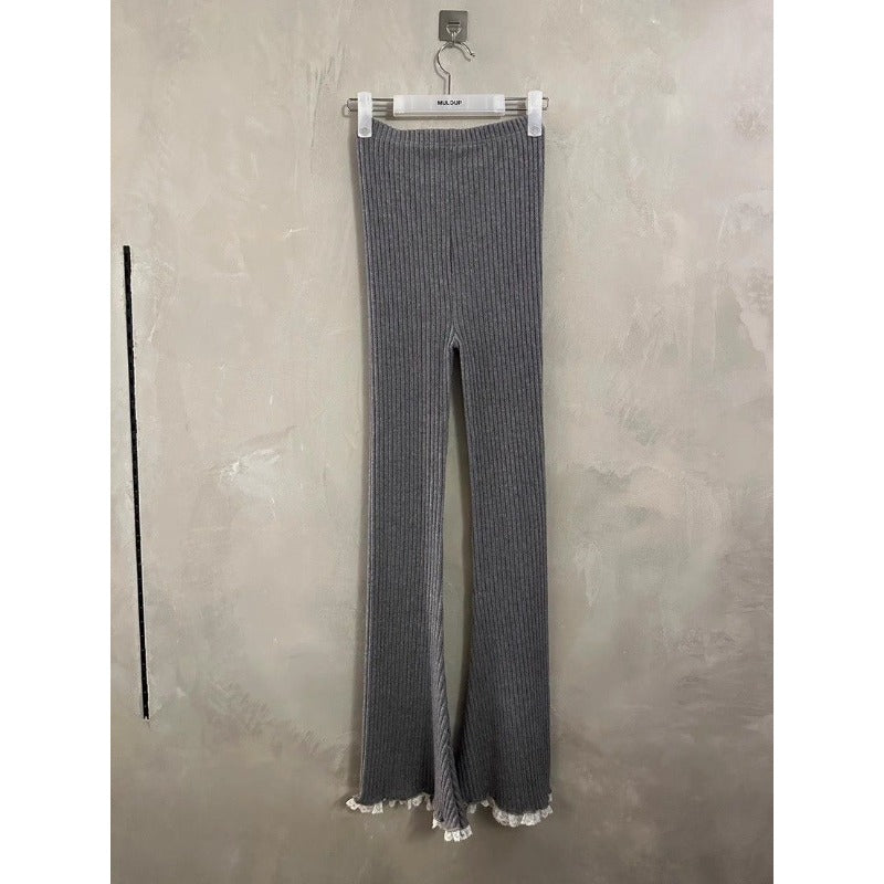 BXOXO party look inspos Deeptown Vintage Gray Lace Flare Pants Women Harajuku Elastic Waist Korean Fashion Knit Trousers Slim Solid Color Winter Casual