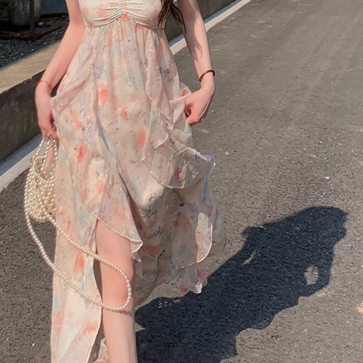 BXOXO Elegant Floral Print Polyester Midi Dress with Sweetheart Neckline and Asymmetrical Hem for Beach Vacations and Garden Parties, Beach Dress