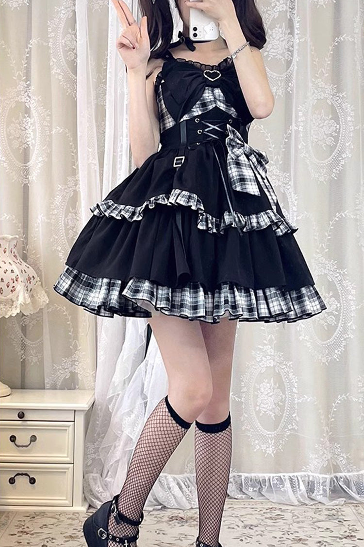 BXOXO - Black/White Plaid Print Color Contrast Leather Buckle Bowknot Ruffle Gothic Lolita JSK Dress