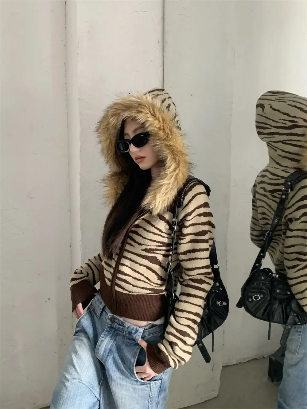 BXOXO Harajuku Zip Up Hoodies Winter Clothes Slim Streetwear Vintage Korea Punk Coats Emo Girl Fox Fur Sweatshirts Y2k Knit Hoodie Top