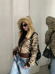 BXOXO Harajuku Zip Up Hoodies Winter Clothes Slim Streetwear Vintage Korea Punk Coats Emo Girl Fox Fur Sweatshirts Y2k Knit Hoodie Top
