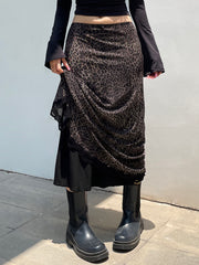 BXOXO - summer inspo Retro Brown Leopard Y2K Long Skirts Women Lace Trim Hem Two Layers Mesh Vintage Aesthetic Elegant Fashion Women Clothing
