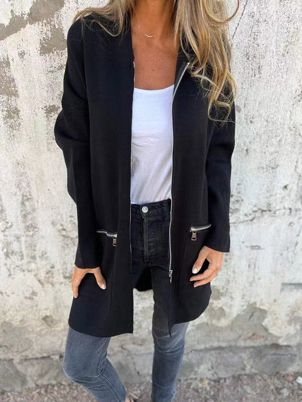 BXOXO Hooded Long Sleeves Pockets Solid Color Split-Joint Zipper Outerwear