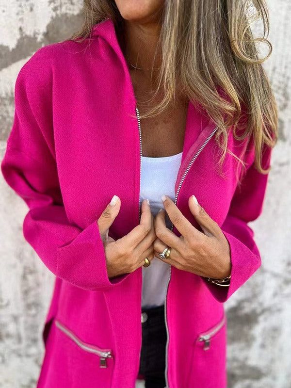 BXOXO Hooded Long Sleeves Pockets Solid Color Split-Joint Zipper Outerwear
