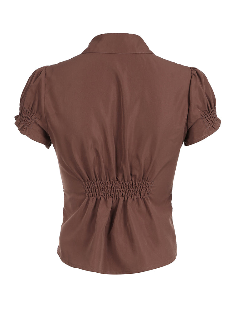 BXOXO - summer inspo American Retro Preppy Brown Shirts Women Button Up Turn Down Collar Puff Sleeve Shirring Pleated Hem Slim Casual Tops