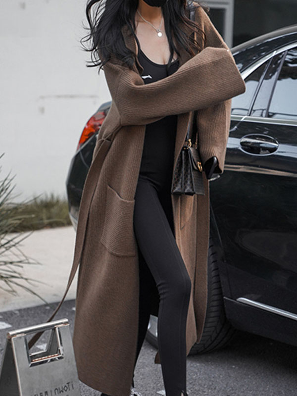BXOXO Long Sleeves Loose Pockets Solid Color Tied Waist Notched Collar Cardigan Coats