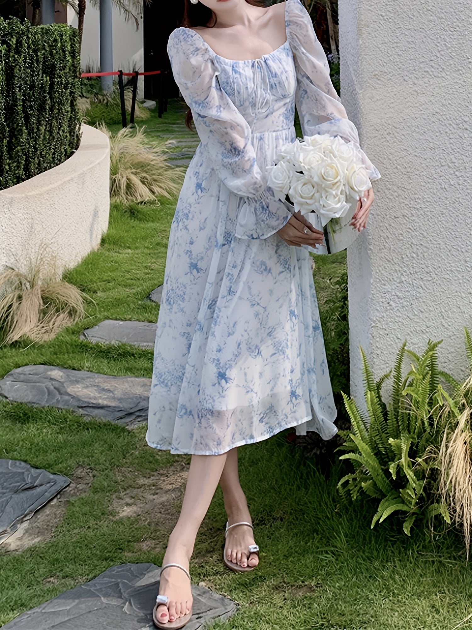 BXOXO Women's Floral Print Square Neck Chiffon Dress with Long Bell Sleeves - Mid-Length H-Line Silhouette, Smocked Detailing & Flowy Umbrella Hem for Casual to Formal Occasions, Floral Print Dress
