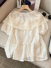 BXOXO 1pc Elegant V-Neck Lace Blouse for Women, 100% Polyester Sheer Ruffle Shirt with Button Details, All-Season Woven Solid Color Top