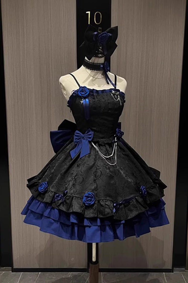 BXOXO - Black/Blue Print Ruffle Bowknot Gothic Princess Lolita Jsk Dress