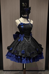 BXOXO - Black/Blue Print Ruffle Bowknot Gothic Princess Lolita Jsk Dress