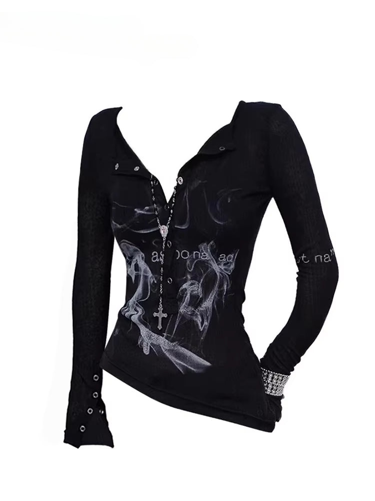 BXOXO Gothic Y2k Sexy T-Shirts Women Black Vintage Harajuku Punk Long Sleeve Tops Coquette Streetwear 2000s Grunge T-Shirts