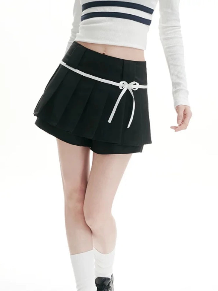 BXOXO Sweet Y2k Bow Pleated Skirts Women Coquette Brown Skirt Shorts Kawaii Vintage A-line Solid Mini Skirts Aesthetics Sexy