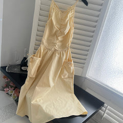 BXOXO - summer inspo Fashion Suspender Dress Women's 2025 Summer High Waist Slim V-Neck Pleated Long Dress Leisure Holiday Sling Dresses